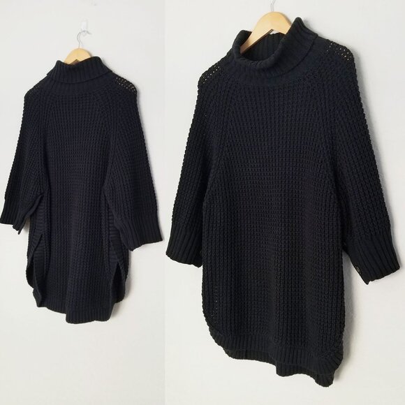 J.CREW Turtleneck Cotton Poncho M/L $155 Black Button 3/4 Sleeve Chunky Longline - Picture 16 of 16